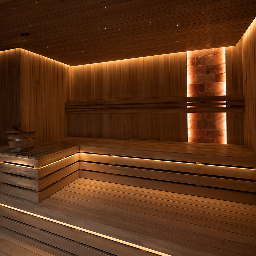 Cedar-lined sauna with backlit salt wall at the Four Seasons Hotel wellness facilities.